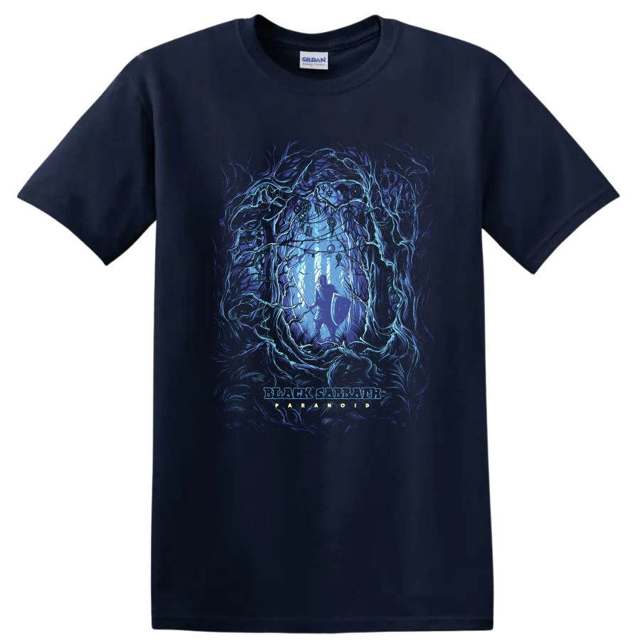Black Sabbath dark fantasy rock metal graphic print with armored warrior in glowing blue - Navy (Blue)