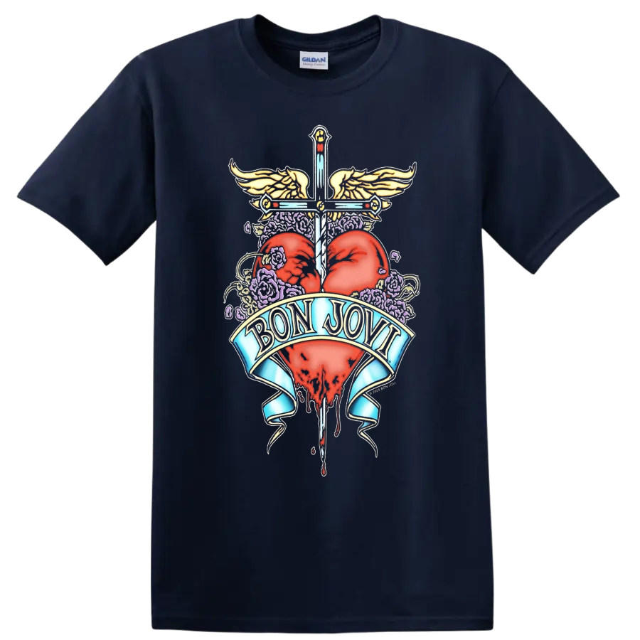 Bon Jovi inspired heart and wings graphic print T - Navy (Blue)