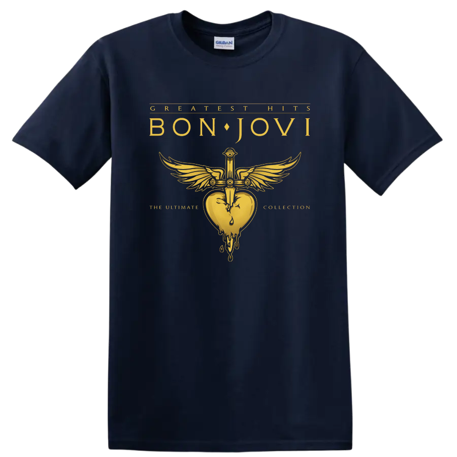 Bon Jovi Greatest Hits graphic with winged heart emblem and gold text on black T - Navy (Blue)