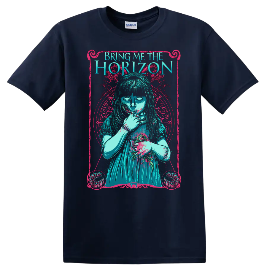Bring Me The Horizon gothic graphic print T shirt with turquoise figure and pink - Navy (Blue)