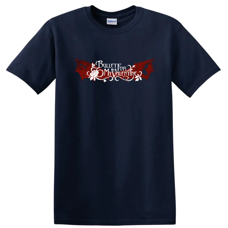 Bullet For My Valentine gothic band logo with red wings and white text graphic print - Navy (Blue)