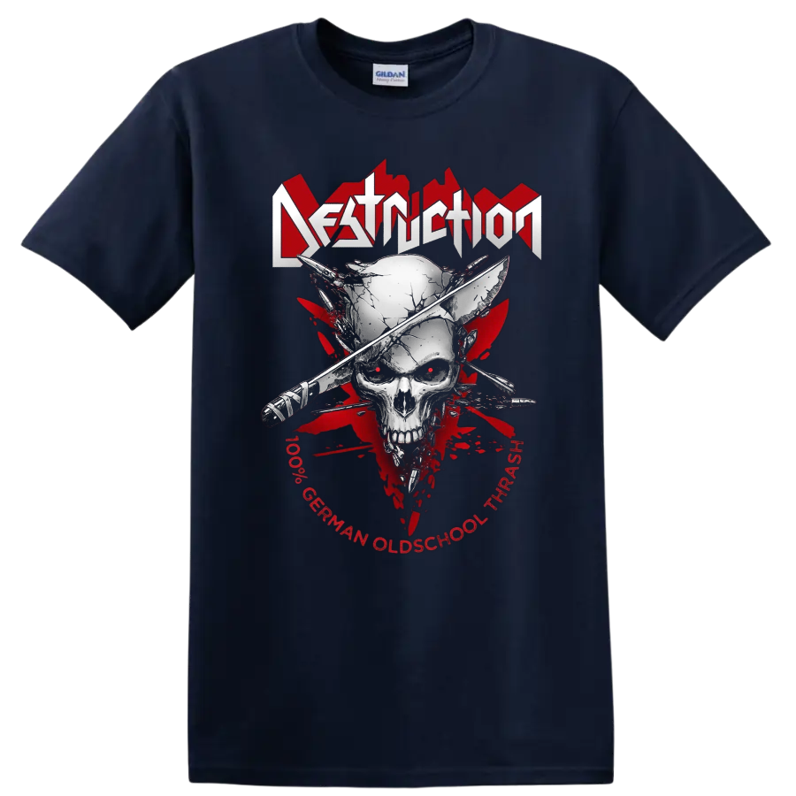 DESTRUCTION skull graphic print T shirt with crossed weapons and red thrash metal - Navy (Blue)