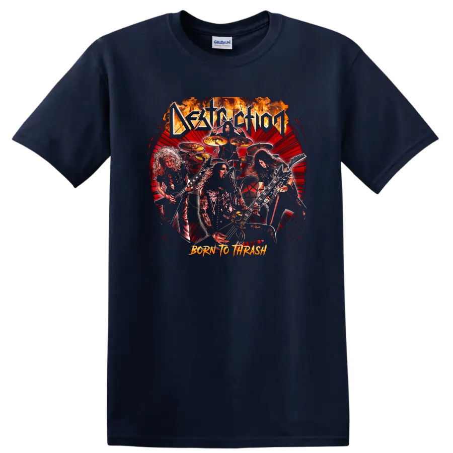 Destruction heavy metal band artwork with flames and Born to Thrash text T - Navy (Blue)