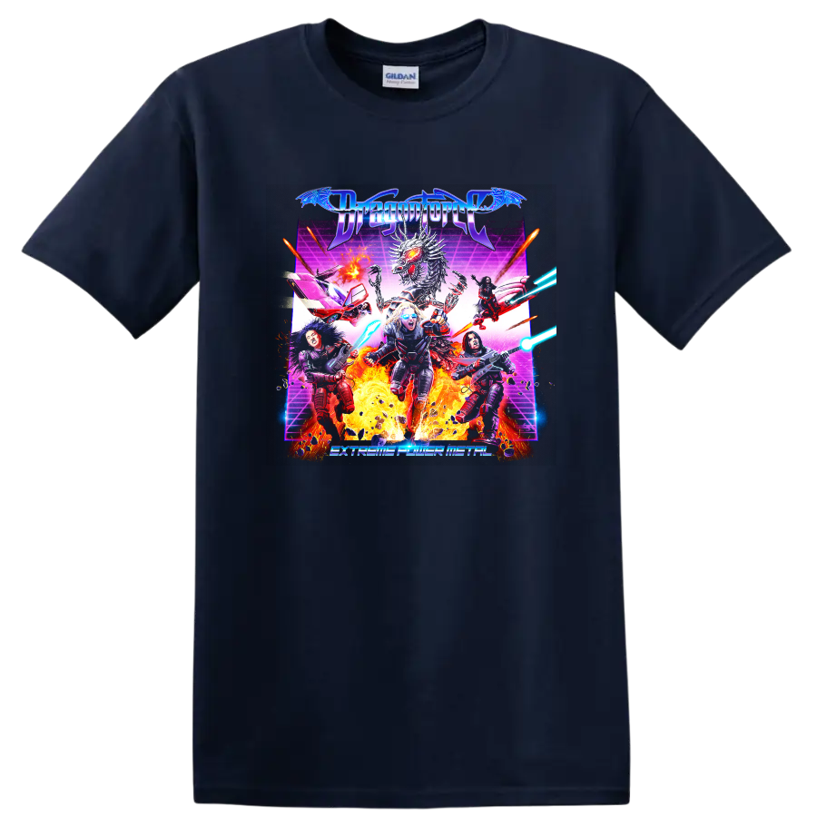 Dragonforce metal graphic print with dragon, flames, and band artwork T - Navy (Blue)