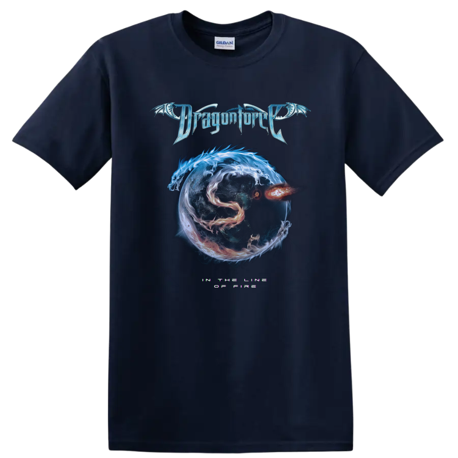 DragonForce logo with dragon artwork and fiery cosmic sphere graphic print T - Navy (Blue)