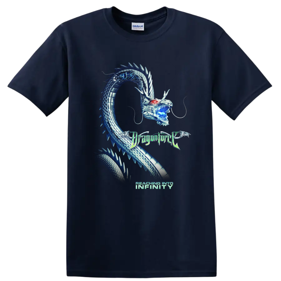 Blue mechanical dragon graphic with DragonForce Reaching Into Infinity text on a - Navy (Blue)