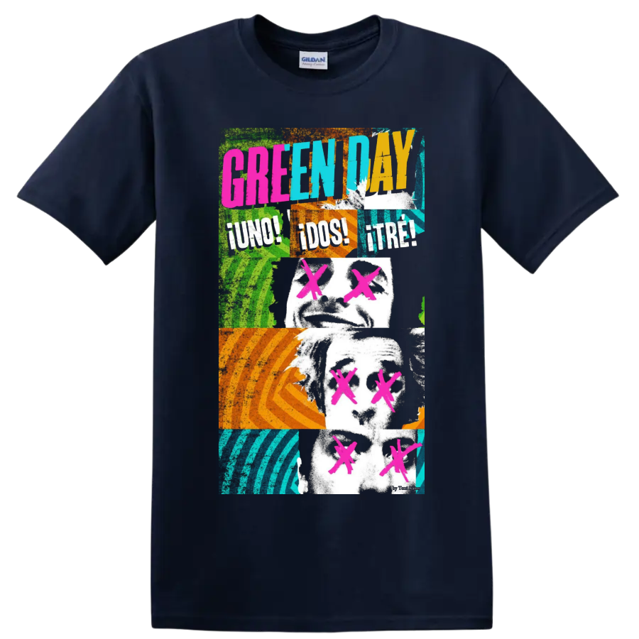 Green Day graphic print T shirt with neon punk rock portrait - Navy (Blue)