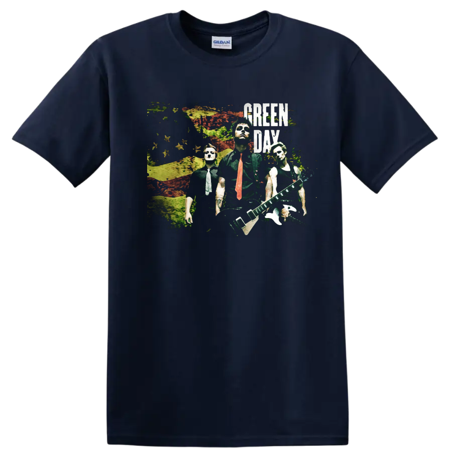 Green Day band graphic print with distressed background and bold text on a T - Navy (Blue)