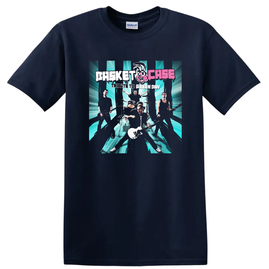 Green Day band graphic print with teal burst background and distressed lettering on T - Navy (Blue)