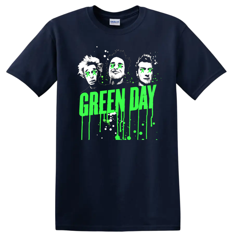 Green Day neon green dripping text with punk-style portraits graphic print T - Navy (Blue)