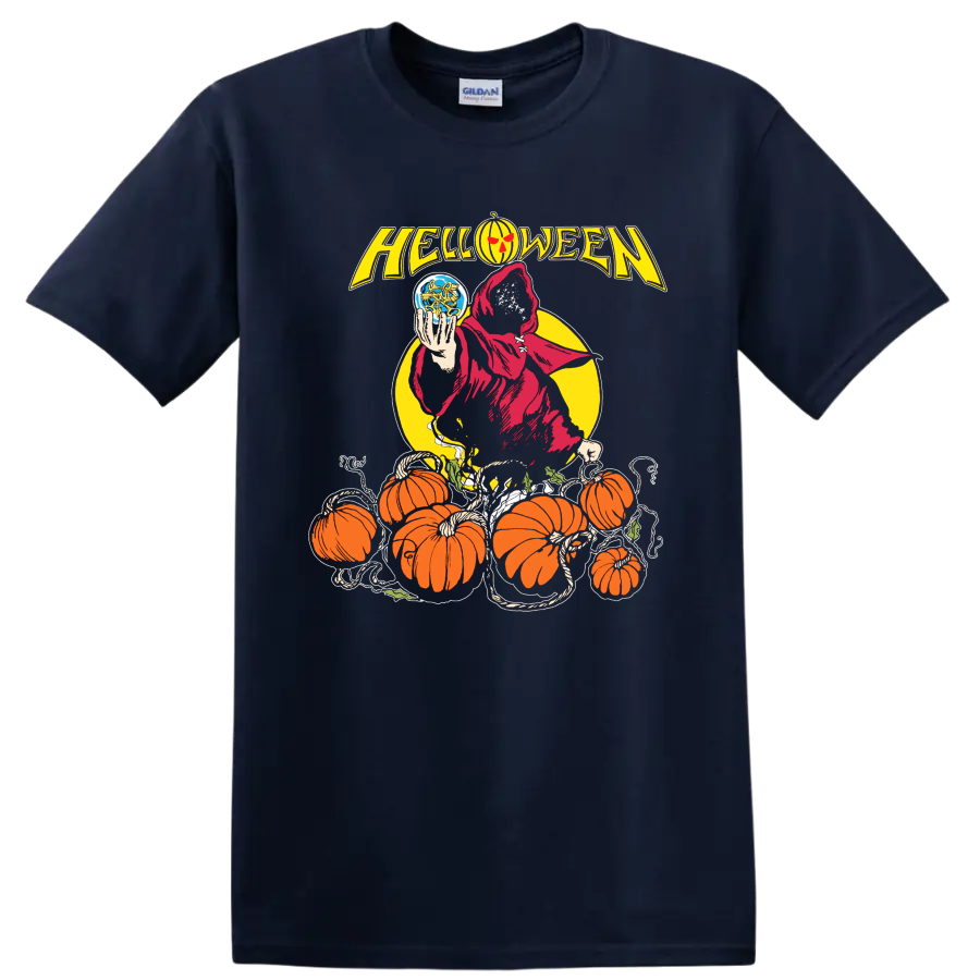 Helloween Halloween metal graphic with hooded reaper and pumpkins T - Navy (Blue)