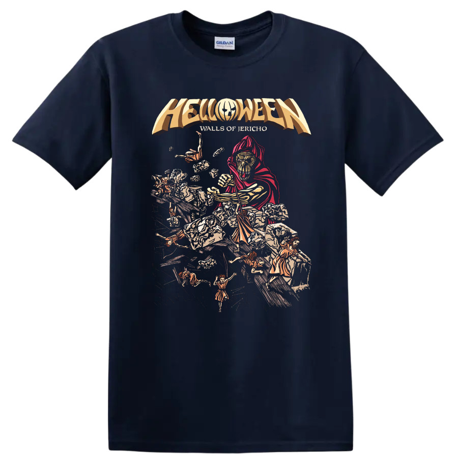 Helloween Walls of Jericho heavy metal graphic print T - Navy (Blue)