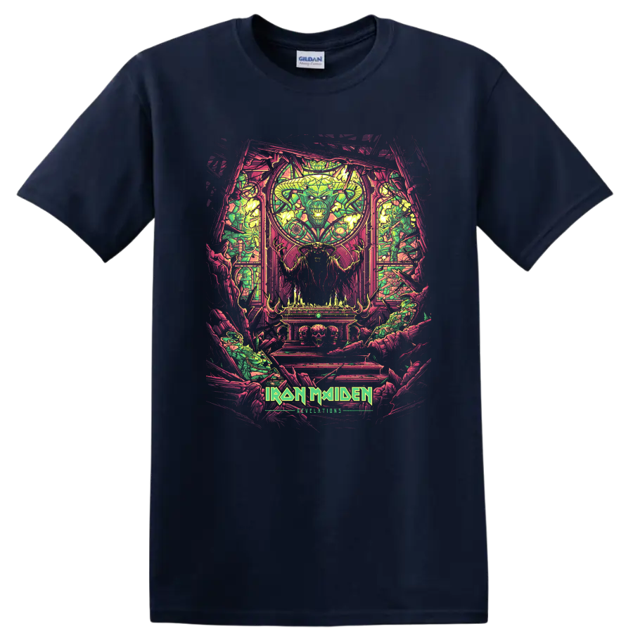 Iron Maiden heavy metal artwork with horned demon figure and vivid stained-glass style graphic print T - Navy (Blue)