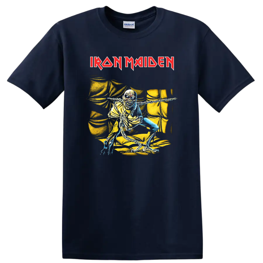 IRON MAIDEN logo with chained skull figure graphic on black - Navy (Blue)