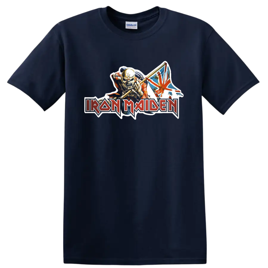 Iron Maiden rock metal logo with fierce mascot and Union Jack graphic on T - Navy (Blue)