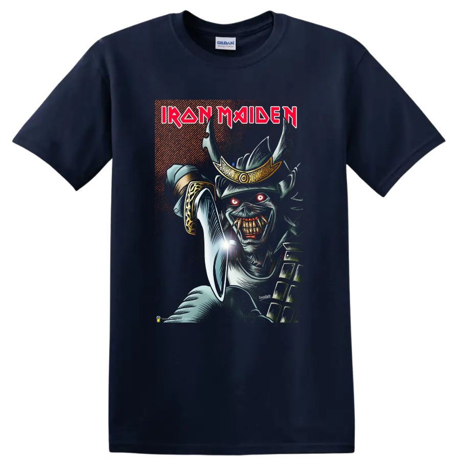 Iron Maiden text with fierce skull warrior metal graphic on a T - Navy (Blue)