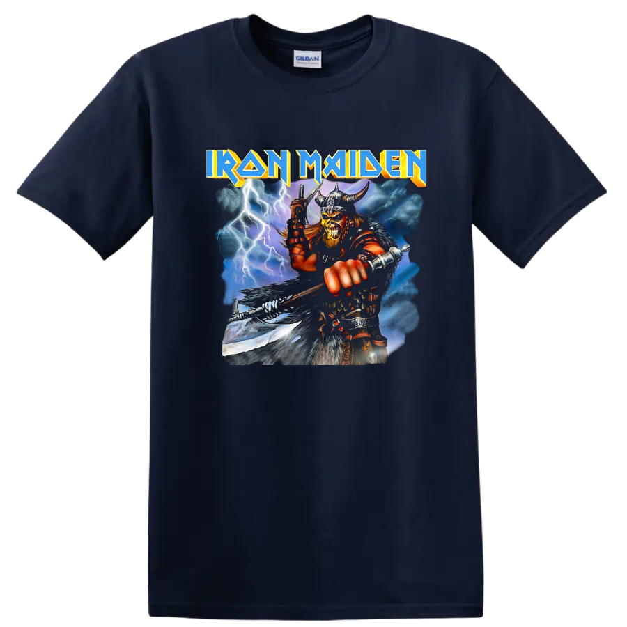 Iron Maiden text with horned warrior and lightning heavy metal graphic print - Navy (Blue)
