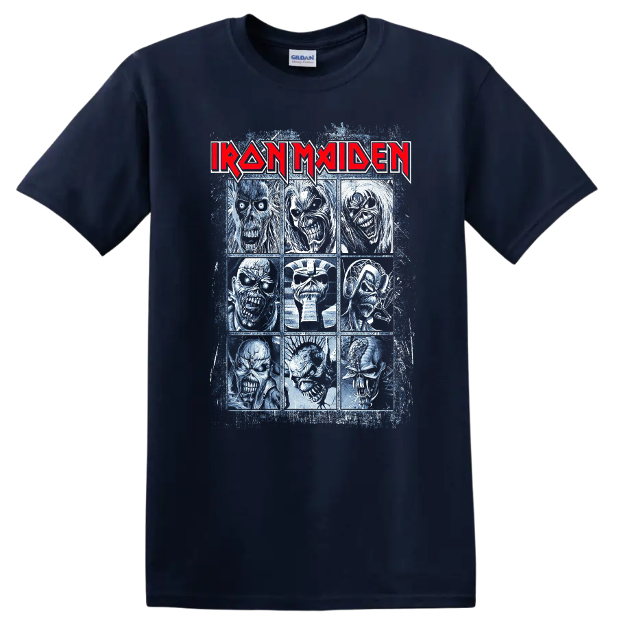 IRON MAIDEN logo with a collage of fierce undead character portraits graphic print - Navy (Blue)
