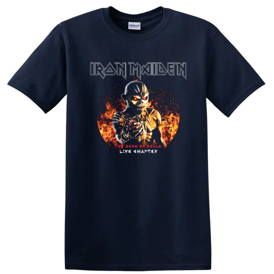 Iron Maiden text with fiery skeleton warrior and The Book of Souls Live Chapter graphic print T - Navy (Blue)