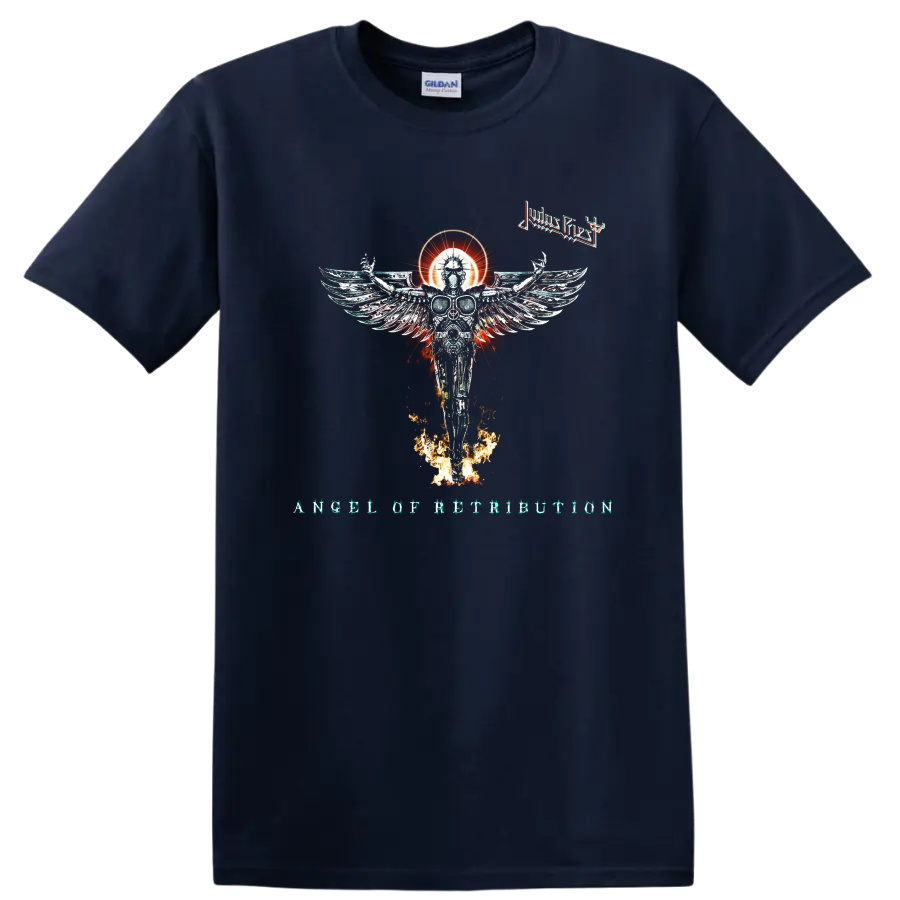 Judas Priest Angel of Retribution artwork with winged figure, fire, and band - Navy (Blue)