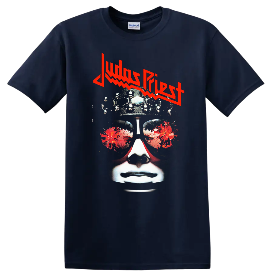 Judas Priest inspired heavy metal face graphic print T - Navy (Blue)