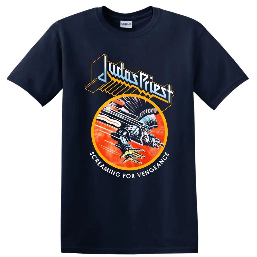 Judas Priest Screaming for Vengeance graphic with bold metal artwork T - Navy (Blue)