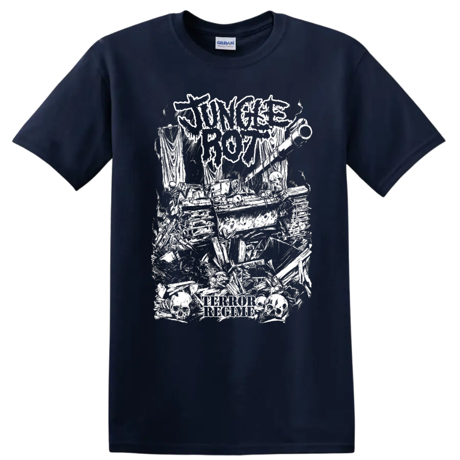 Jungle Rot horror metal graphic with skulls and distressed text on a T - Navy (Blue)