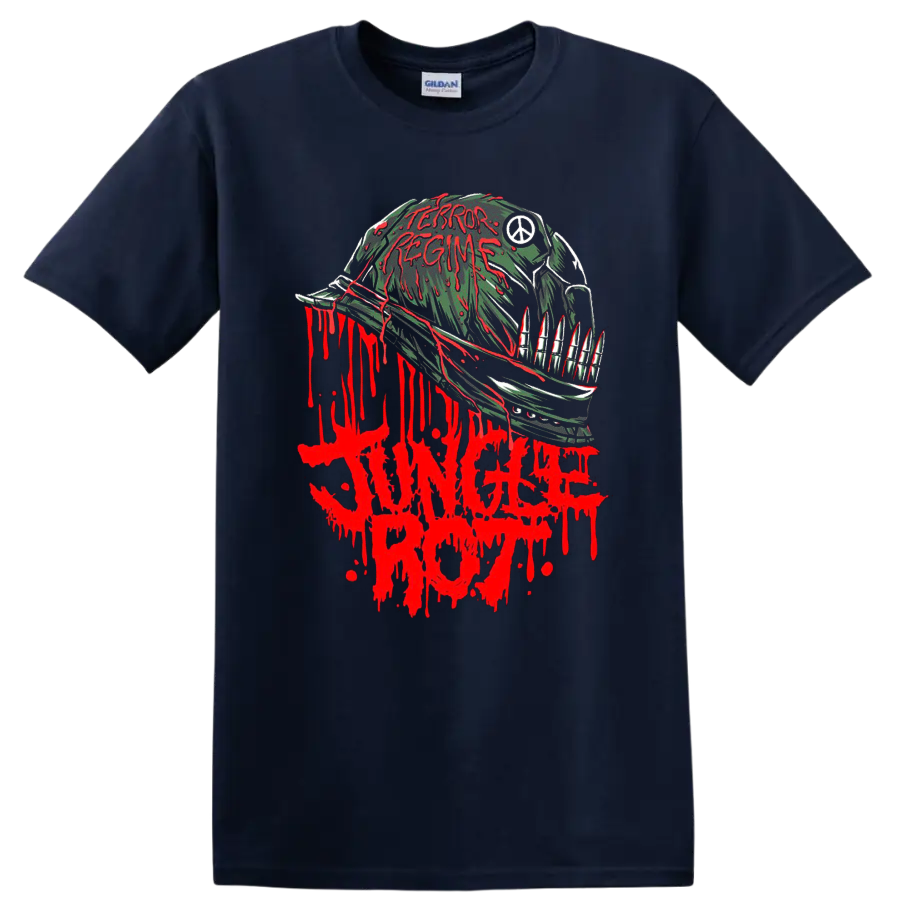Jungle Rot Terror Regime horror metal graphic print with dripping helmet artwork T - Navy (Blue)