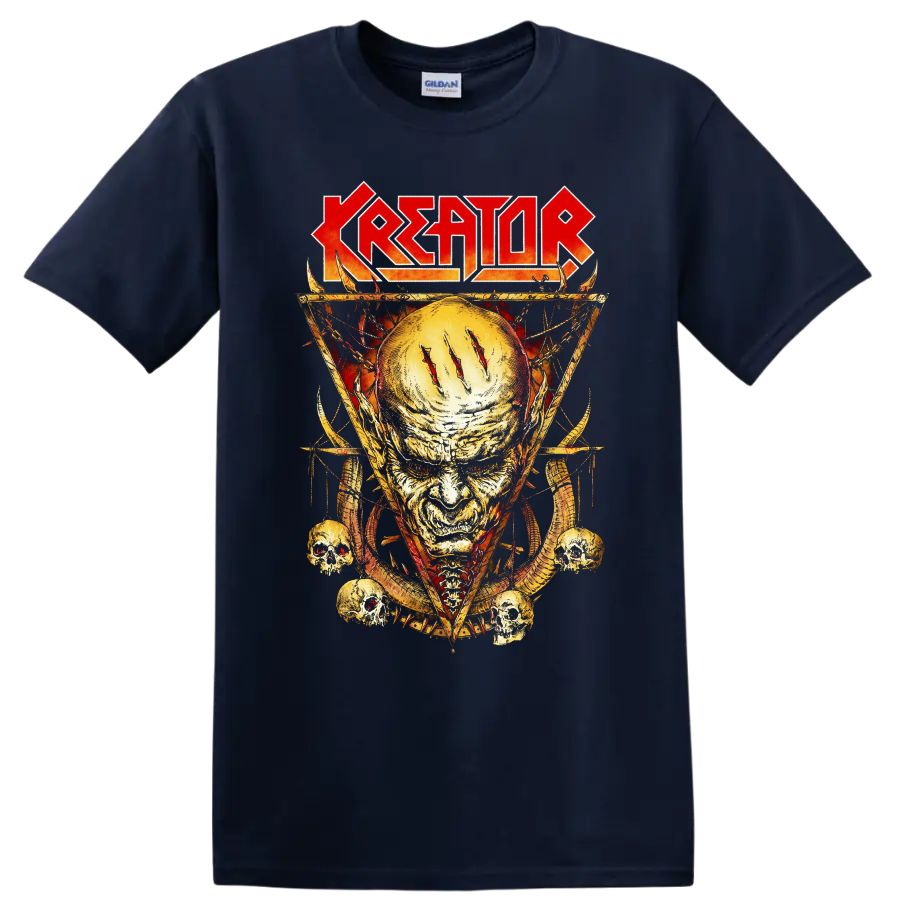 KREATOR rock metal skull graphic print T shirt with fiery aggressive band - Navy (Blue)