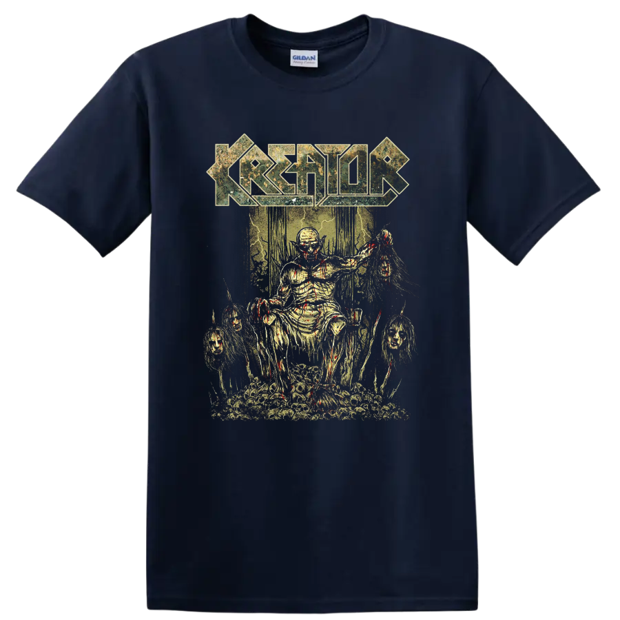Kreator logo over horror metal throne scene graphic on T - Navy (Blue)