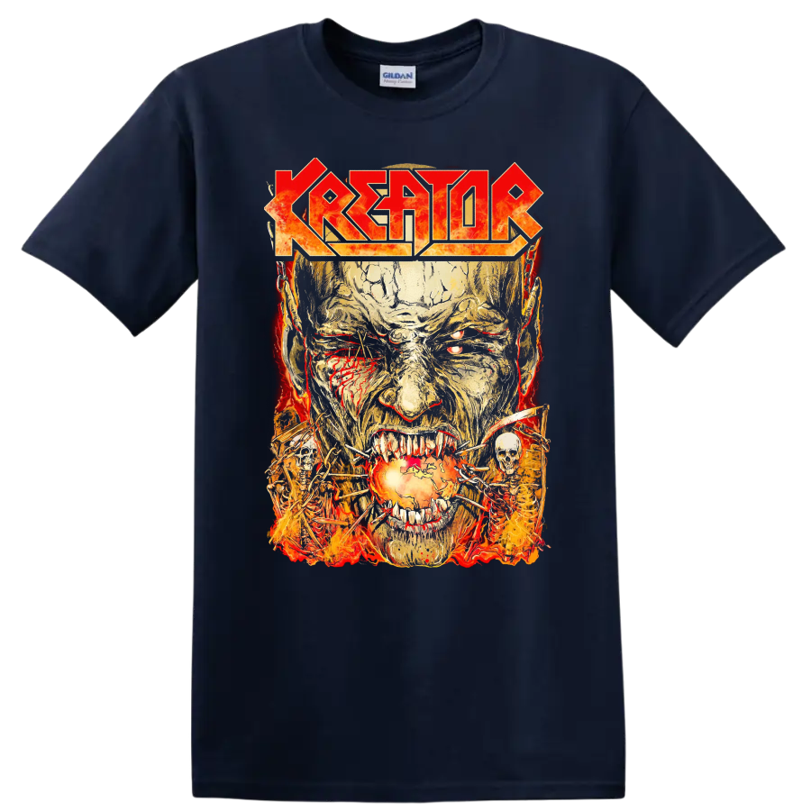 KREATOR logo with fiery skull face and chains graphic print - Navy (Blue)