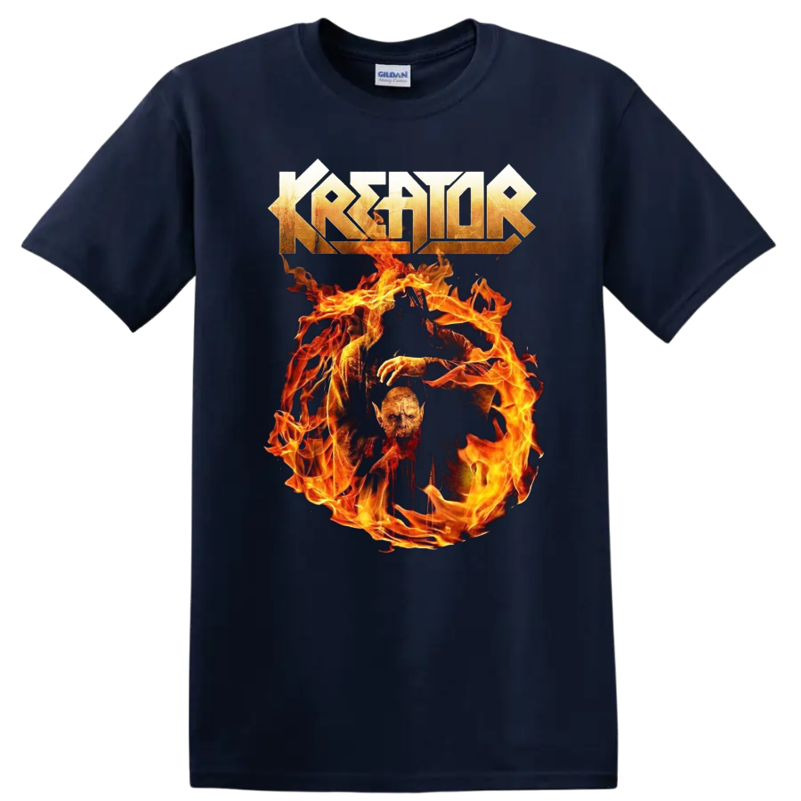 Kreator logo above a flaming skull graphic on a black T - Navy (Blue)