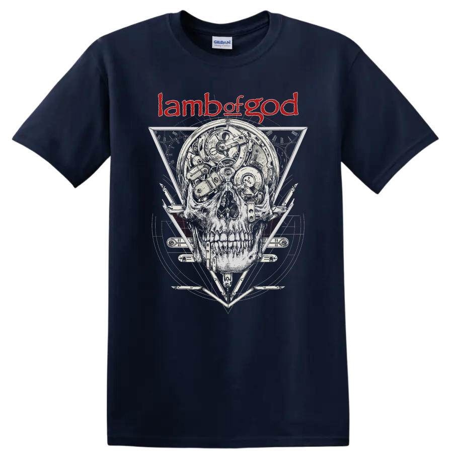 Lamb of God skull graphic with mechanical details and red logo on - Navy (Blue)
