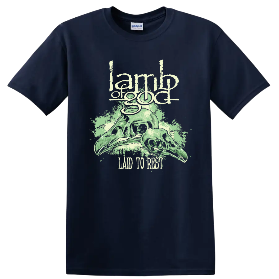 Lamb of God skull graphic with distressed rock metal text on a - Navy (Blue)