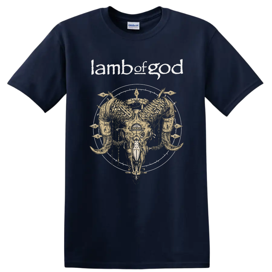 Lamb of God text with horned skull heavy metal graphic print on T - Navy (Blue)