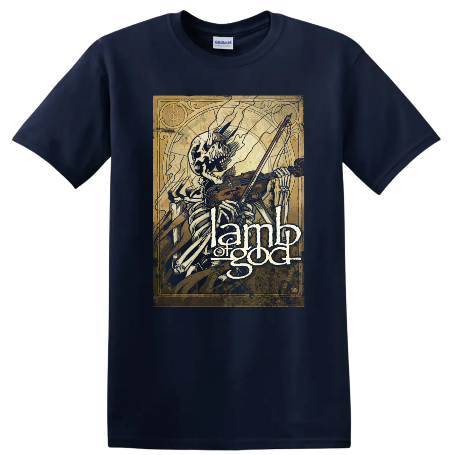 Skeleton playing violin with Lamb of God text in distressed dark metal graphic - Navy (Blue)