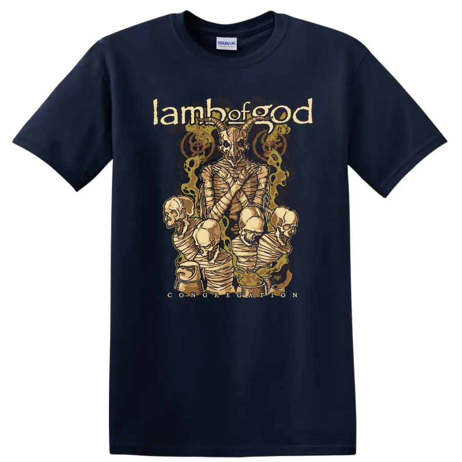 Lamb of God graphic print with horned demon, skulls, and distressed metal artwork on T - Navy (Blue)