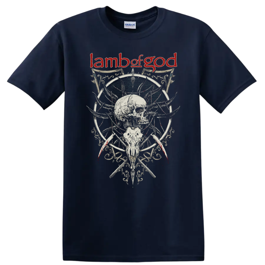 Lamb of God skull and ornate gothic metal graphic print T - Navy (Blue)