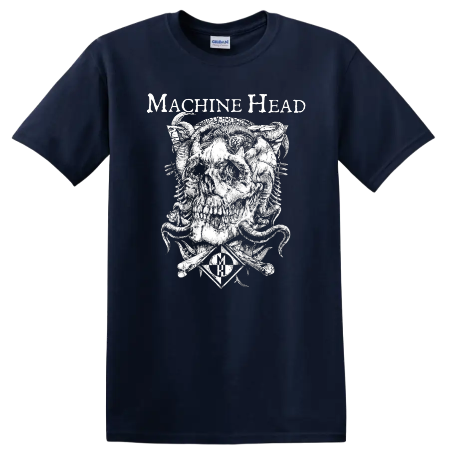 Machine Head skull graphic with mechanical details and band name text on a black - Navy (Blue)