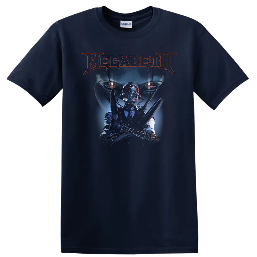 Megadeth graphic print T shirt with skull cyborg figure and glowing - Navy (Blue)