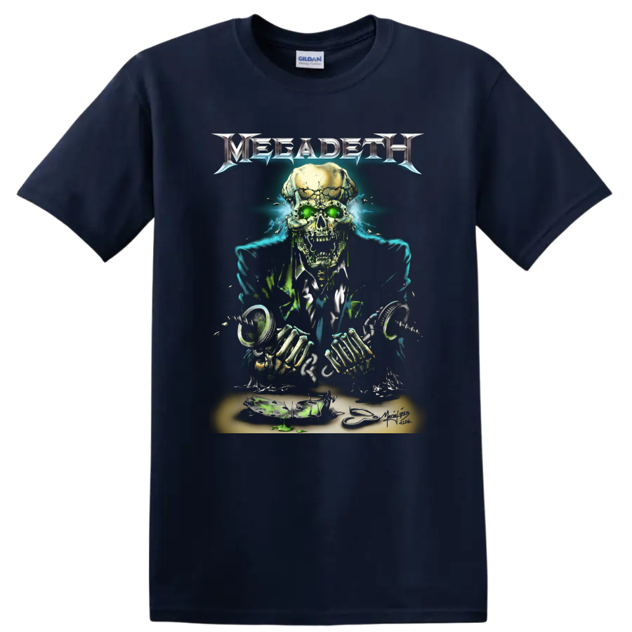 Megadeth skull with glowing green eyes and electric metal artwork on a T - Navy (Blue)