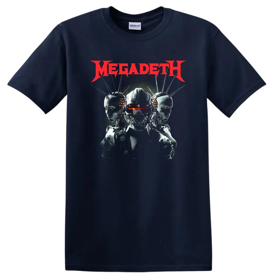 Megadeth red logo with cyber skull and robotic heads graphic on black T - Navy (Blue)