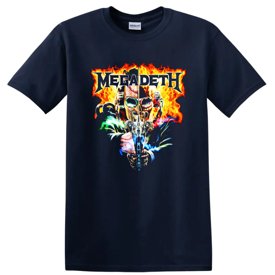 Megadeth flaming skull metal graphic T shirt with fiery flames and bold rock - Navy (Blue)