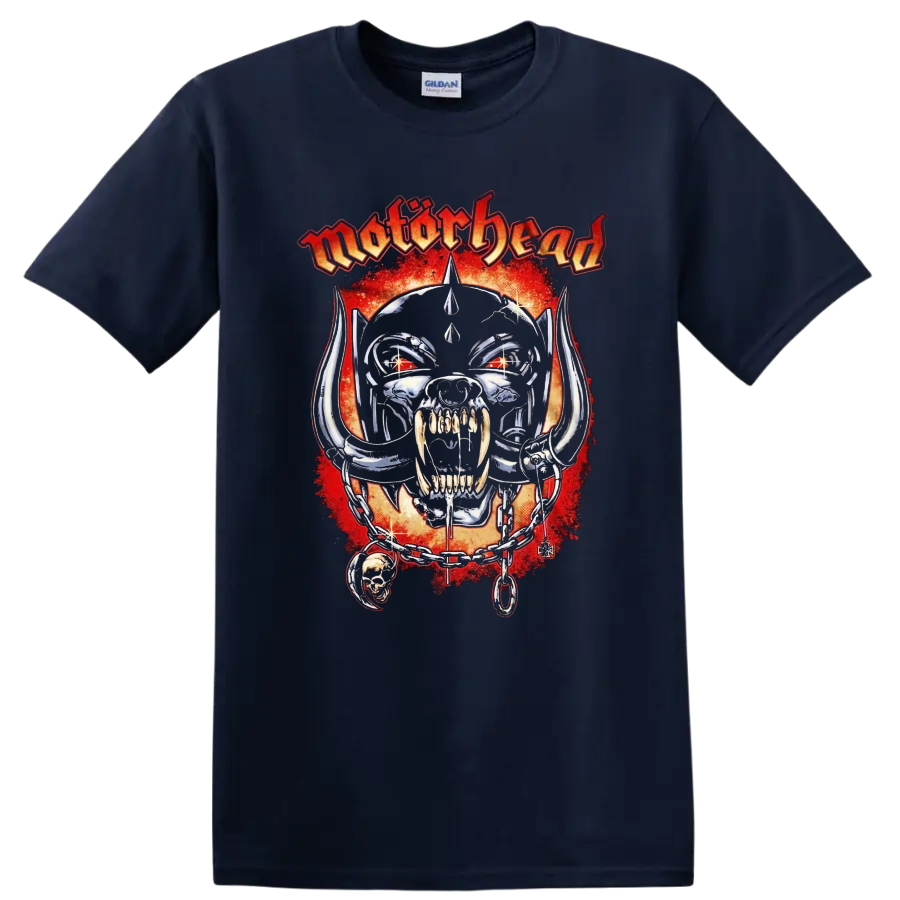 Motorhead skull graphic print T shirt with fiery red background and chain - Navy (Blue)