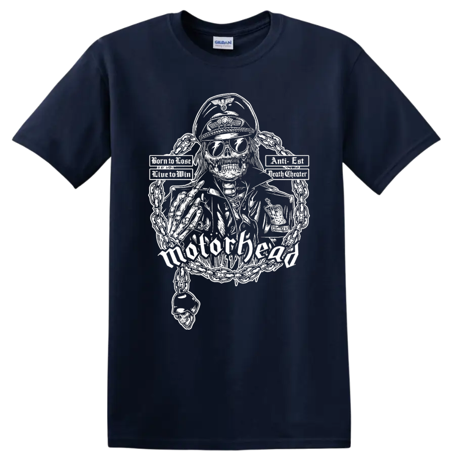 Motorhead skull graphic print T shirt with chains and rock metal - Navy (Blue)