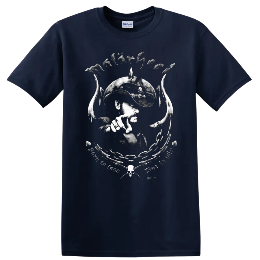 Black-and-white MOTORHEAD rock metal skull graphic T shirt with cowboy portrait and - Navy (Blue)