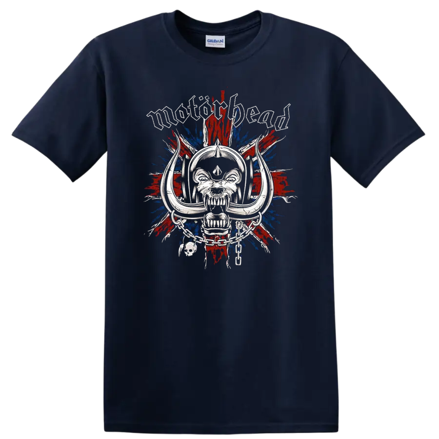 Motorhead skull graphic with gothic lettering and red blue burst on black T - Navy (Blue)