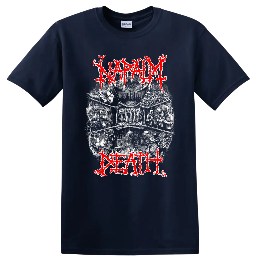 Napalm Death distressed red logo over gritty monochrome metal artwork on T - Navy (Blue)