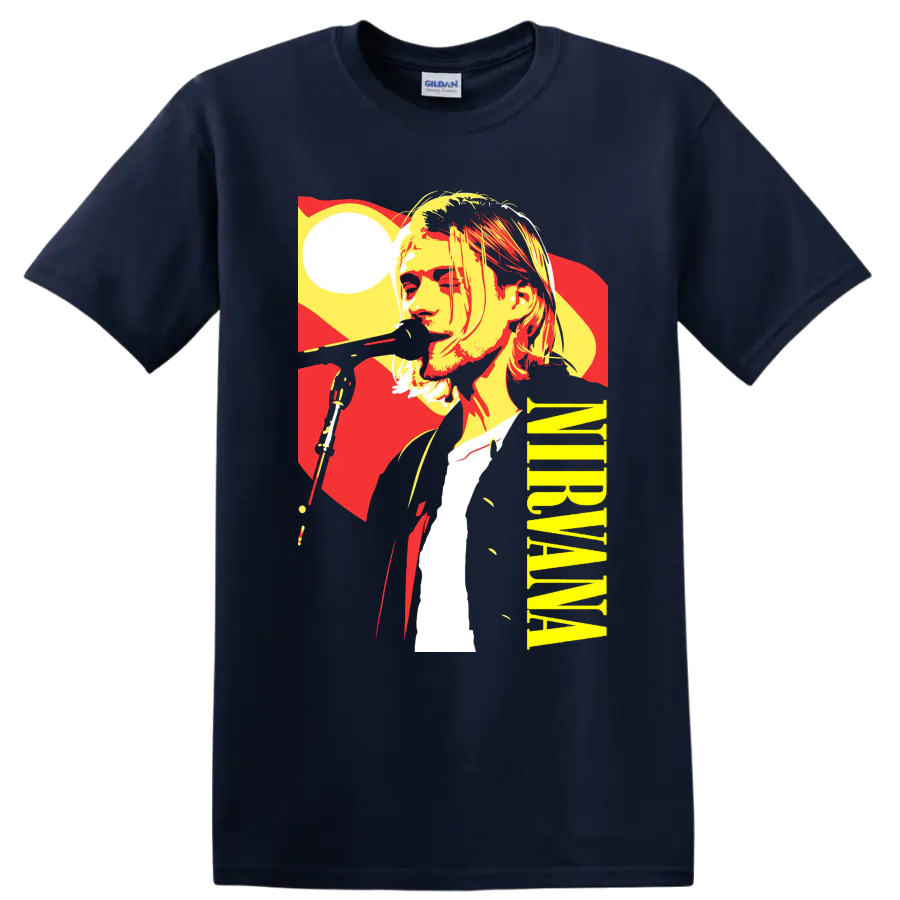 Nirvana-inspired rock portrait graphic print T shirt in red, yellow, black, and - Navy (Blue)