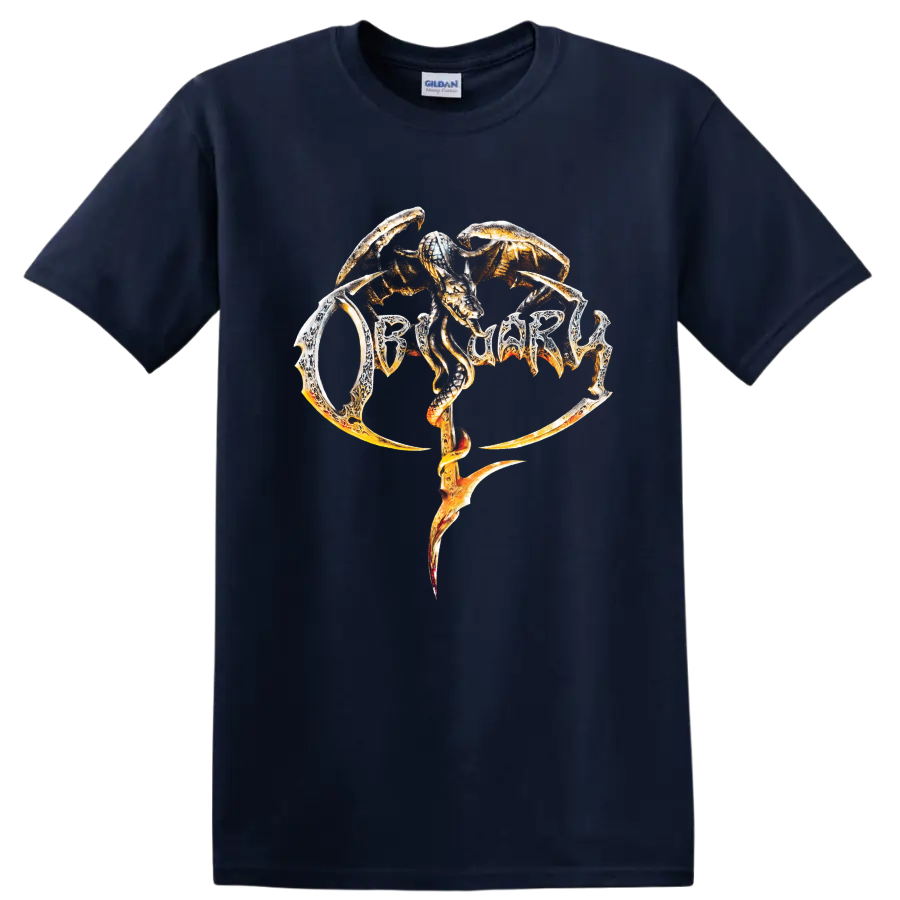 OBITUARY snake logo in fiery death metal graphic print on a - Navy (Blue)